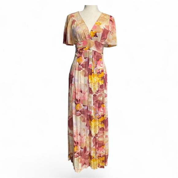 Vintage Maxi Dress Size 11 Small Abstract Print Flutter Sleeves Boho 60s 70s - Picture 1 of 9